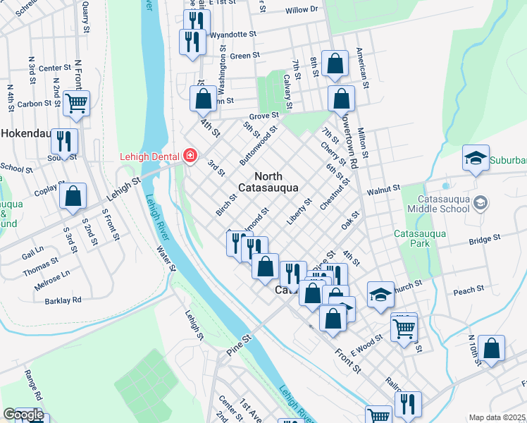 map of restaurants, bars, coffee shops, grocery stores, and more near 300 Almond Street in Catasauqua