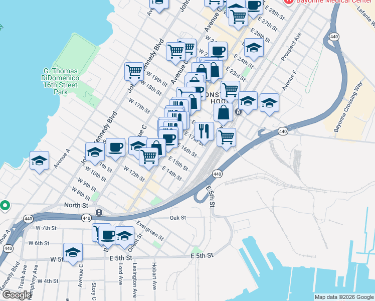 map of restaurants, bars, coffee shops, grocery stores, and more near East 16th Street in Bayonne