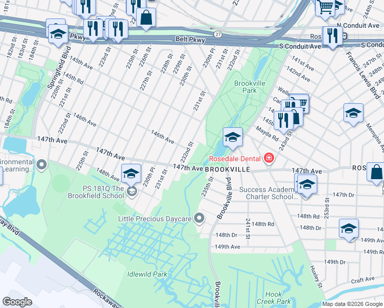 map of restaurants, bars, coffee shops, grocery stores, and more near 146-01 232nd Street in Queens