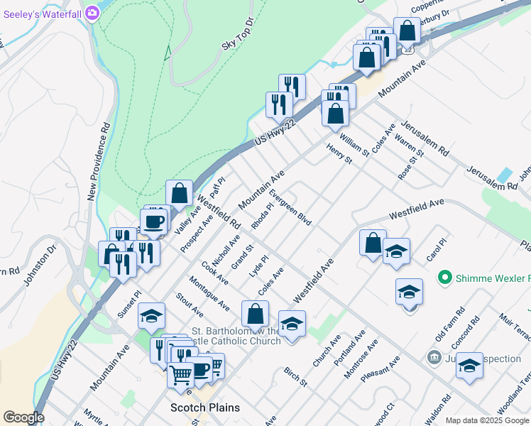 map of restaurants, bars, coffee shops, grocery stores, and more near 314 Evergreen Boulevard in Scotch Plains