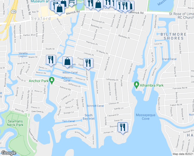 map of restaurants, bars, coffee shops, grocery stores, and more near Division Avenue in Massapequa
