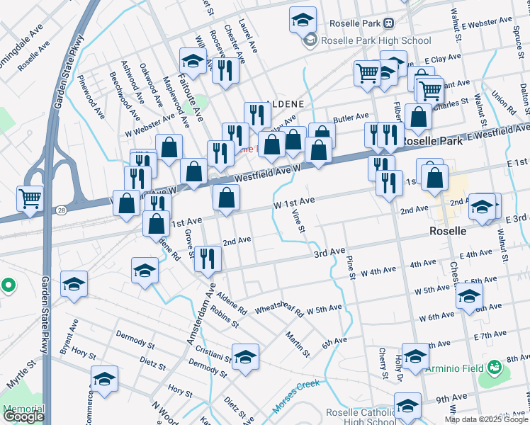 map of restaurants, bars, coffee shops, grocery stores, and more near 420 1st Avenue in Roselle Borough