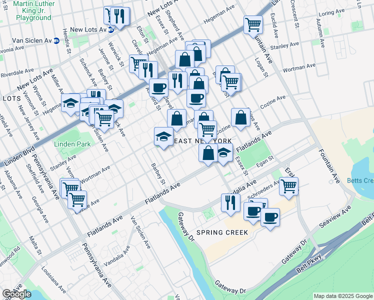 map of restaurants, bars, coffee shops, grocery stores, and more near Cozine Avenue in Brooklyn
