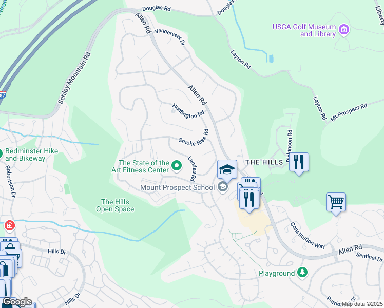 map of restaurants, bars, coffee shops, grocery stores, and more near 175 Smoke Rise Road in Basking Ridge