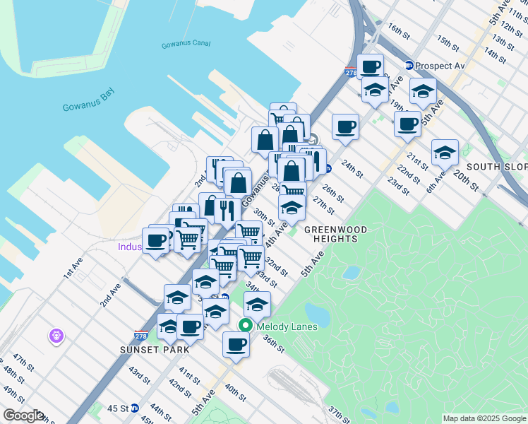 map of restaurants, bars, coffee shops, grocery stores, and more near 131 30th Street in Brooklyn