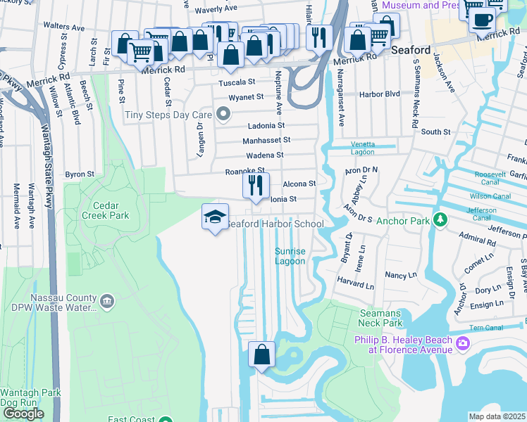 map of restaurants, bars, coffee shops, grocery stores, and more near 3607 Bayview Street in Seaford