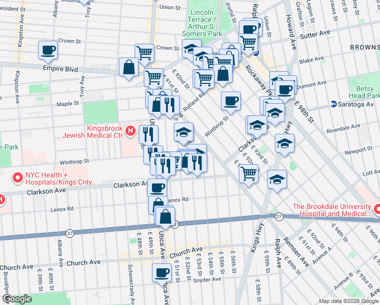 map of restaurants, bars, coffee shops, grocery stores, and more near East 53rd Street & Winthrop Street in Brooklyn