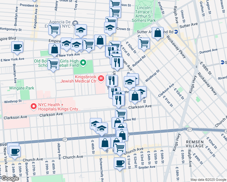 map of restaurants, bars, coffee shops, grocery stores, and more near 612 Utica Avenue in Brooklyn