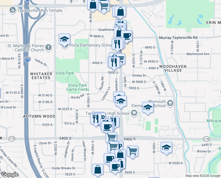 map of restaurants, bars, coffee shops, grocery stores, and more near 5101 Leisure Lane in Salt Lake City