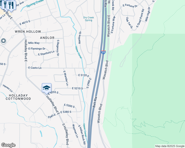 map of restaurants, bars, coffee shops, grocery stores, and more near 3054 East Casto Lane in Holladay