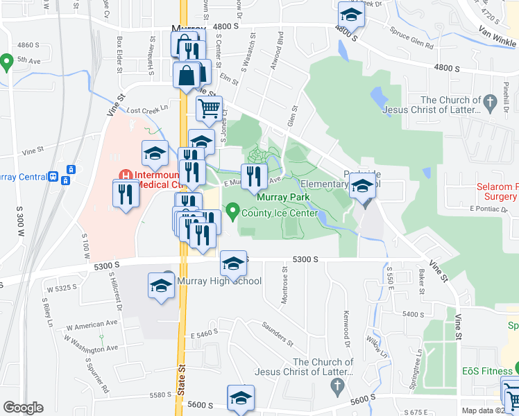 map of restaurants, bars, coffee shops, grocery stores, and more near 5143 Murray Park Lane in Murray