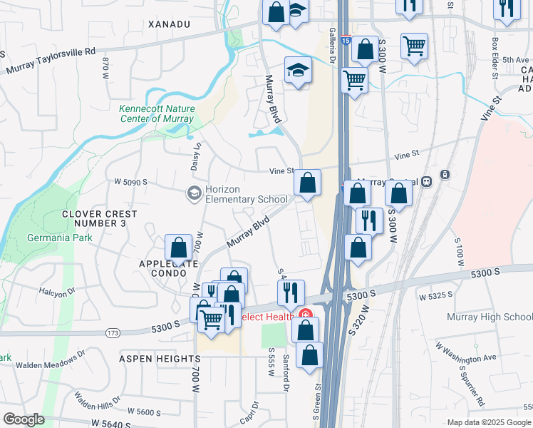 map of restaurants, bars, coffee shops, grocery stores, and more near 494 Murray Boulevard in Murray