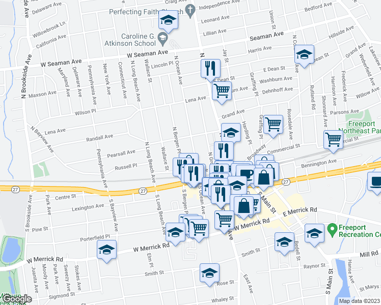 map of restaurants, bars, coffee shops, grocery stores, and more near 41 Randall Avenue in Freeport