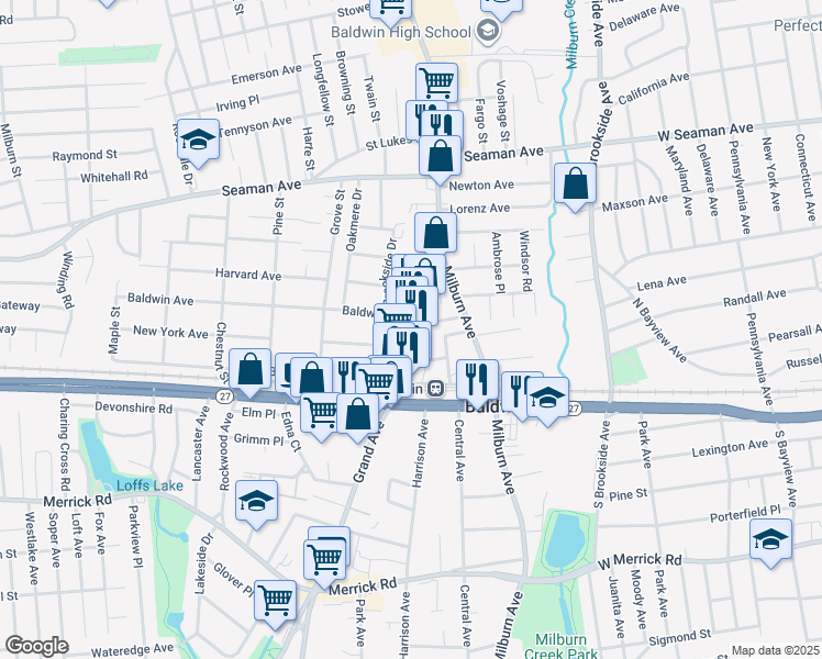 map of restaurants, bars, coffee shops, grocery stores, and more near 2091 Grand Avenue in Baldwin
