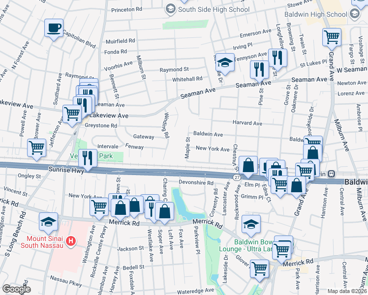 map of restaurants, bars, coffee shops, grocery stores, and more near 2115 Maple Street in Baldwin