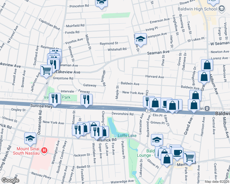 map of restaurants, bars, coffee shops, grocery stores, and more near 2115 Maple Street in Baldwin