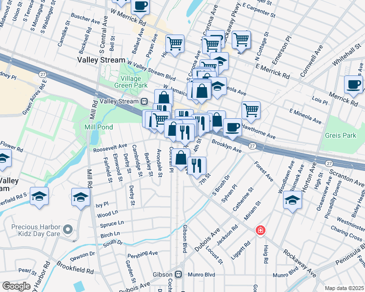 map of restaurants, bars, coffee shops, grocery stores, and more near 396 Rockaway Avenue in Valley Stream