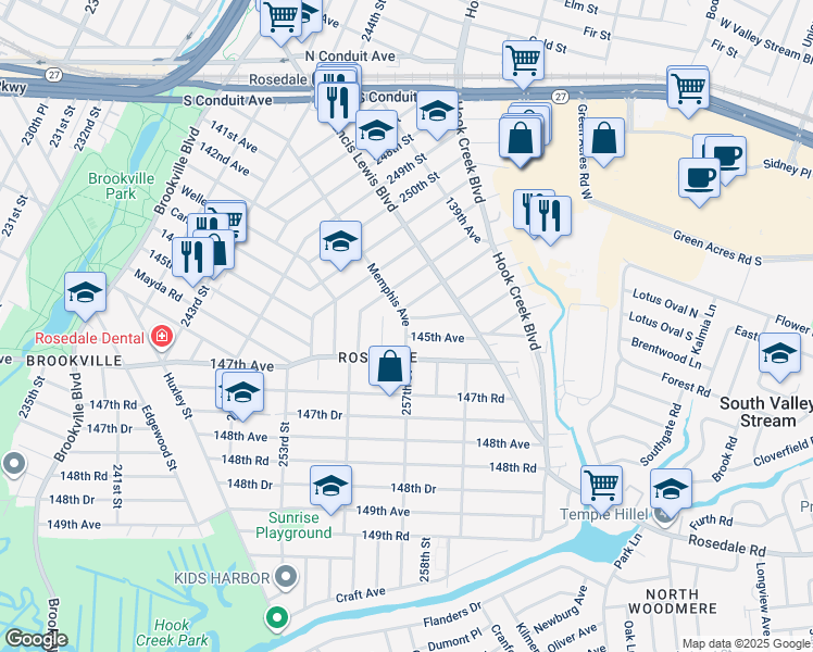 map of restaurants, bars, coffee shops, grocery stores, and more near 254-16 Memphis Avenue in Queens