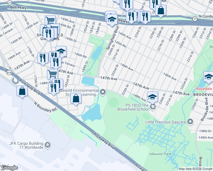 map of restaurants, bars, coffee shops, grocery stores, and more near 221-20 147th Avenue in Queens