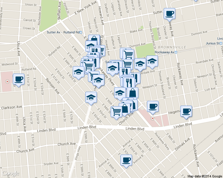 map of restaurants, bars, coffee shops, grocery stores, and more near 1130 Lenox Road in Brooklyn