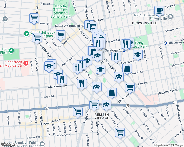 map of restaurants, bars, coffee shops, grocery stores, and more near 299 East 94th Street in Brooklyn