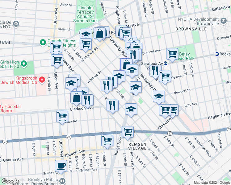 map of restaurants, bars, coffee shops, grocery stores, and more near 274 East 93rd Street in Brooklyn