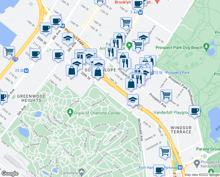 map of restaurants, bars, coffee shops, grocery stores, and more near 402A 19th Street in Brooklyn