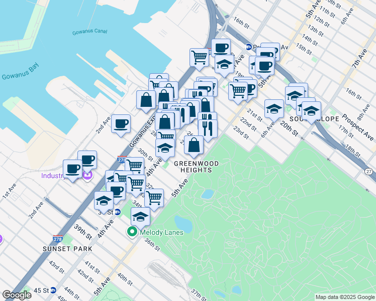 map of restaurants, bars, coffee shops, grocery stores, and more near 219 27th Street in Brooklyn