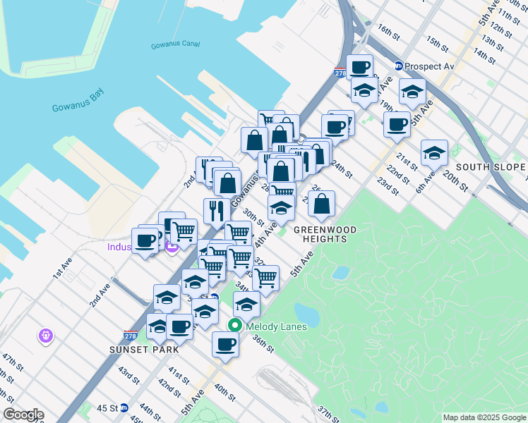 map of restaurants, bars, coffee shops, grocery stores, and more near 141 28th Street in Brooklyn