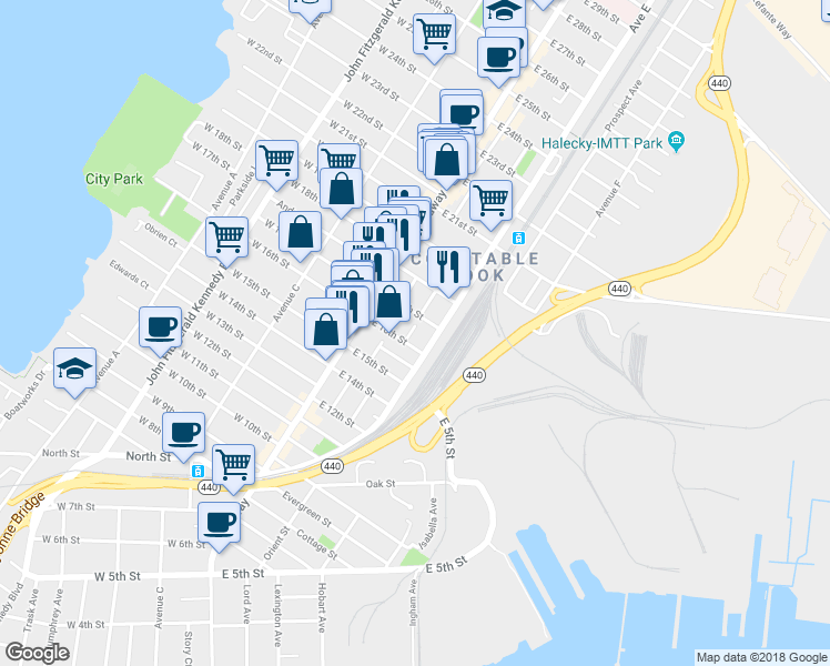 map of restaurants, bars, coffee shops, grocery stores, and more near 14 Court Place in Bayonne