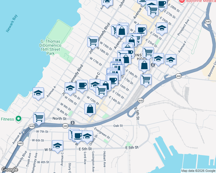 map of restaurants, bars, coffee shops, grocery stores, and more near 27-29 East 15th Street in Bayonne