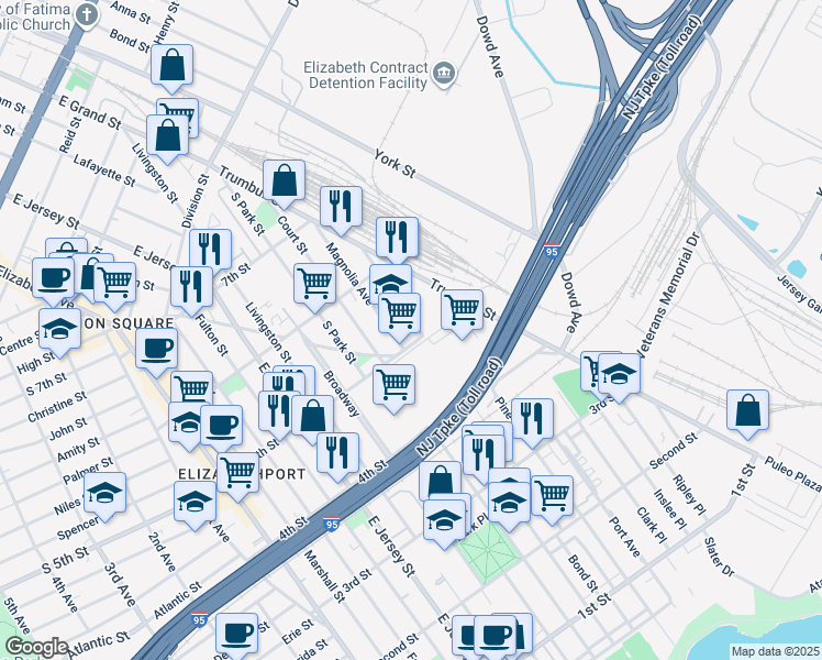 map of restaurants, bars, coffee shops, grocery stores, and more near 521 Magnolia Avenue in Elizabeth