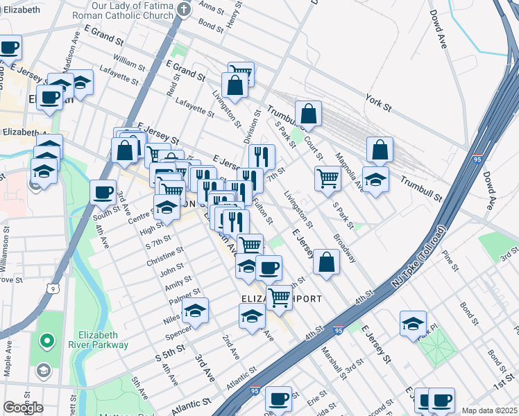 map of restaurants, bars, coffee shops, grocery stores, and more near 657 Fulton Street in Elizabeth