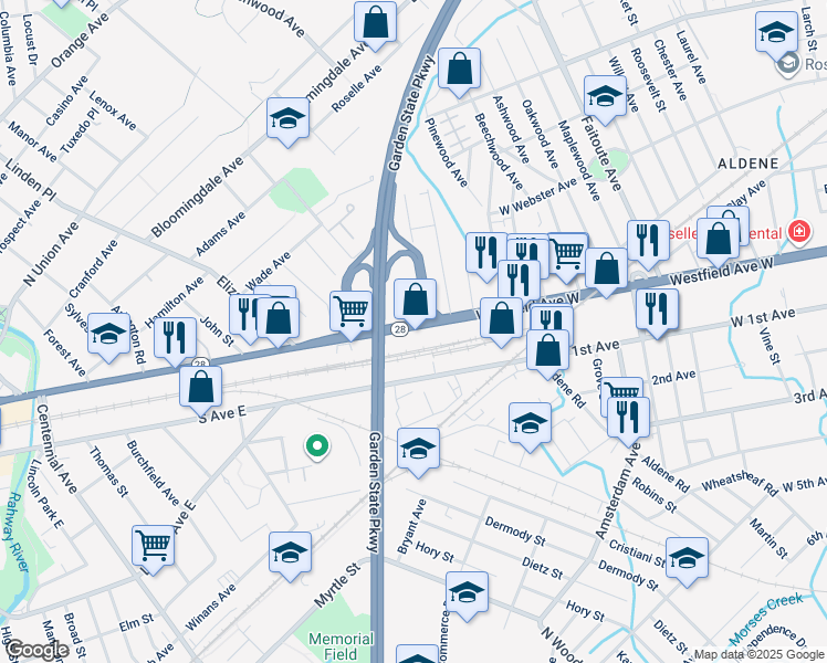 map of restaurants, bars, coffee shops, grocery stores, and more near 420 North Avenue East in Cranford