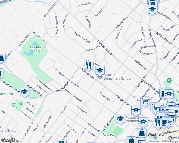 map of restaurants, bars, coffee shops, grocery stores, and more near 806 Prospect Street in Westfield