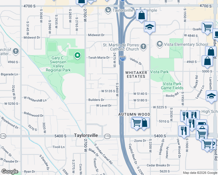 map of restaurants, bars, coffee shops, grocery stores, and more near 2519 West 5105 South in Salt Lake City
