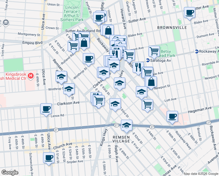 map of restaurants, bars, coffee shops, grocery stores, and more near 299 East 94th Street in Brooklyn