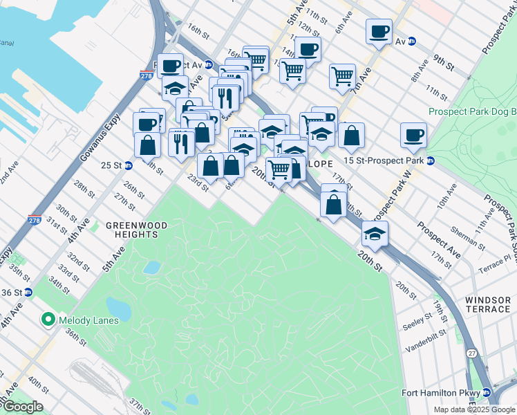 map of restaurants, bars, coffee shops, grocery stores, and more near 349 22nd Street in Brooklyn
