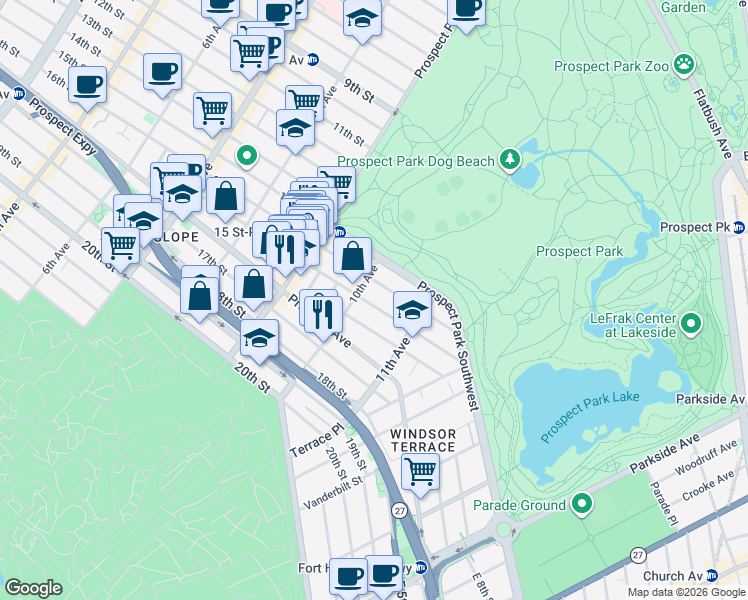 map of restaurants, bars, coffee shops, grocery stores, and more near 1616 10th Avenue in Brooklyn