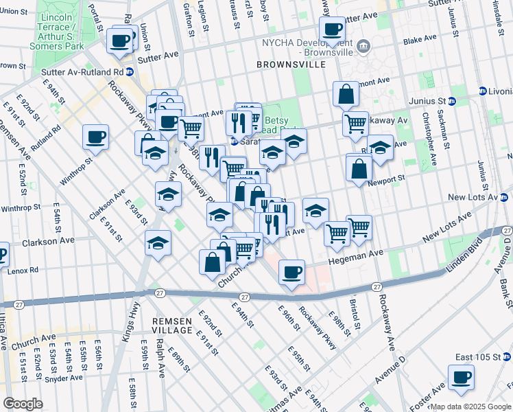 map of restaurants, bars, coffee shops, grocery stores, and more near Saratoga Ave & Newport St in Brooklyn