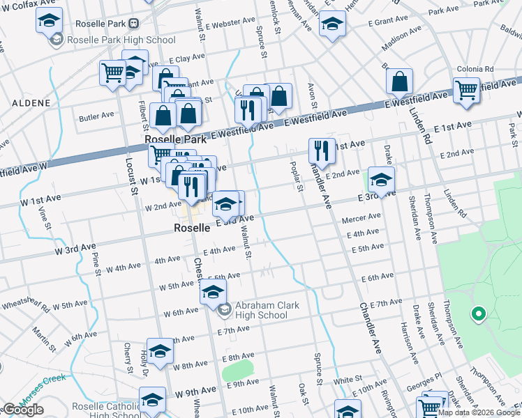 map of restaurants, bars, coffee shops, grocery stores, and more near 218 East 2nd Avenue in Roselle