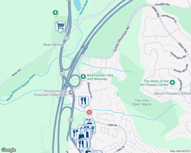 map of restaurants, bars, coffee shops, grocery stores, and more near 222 Long Meadow Road in Bedminster Township