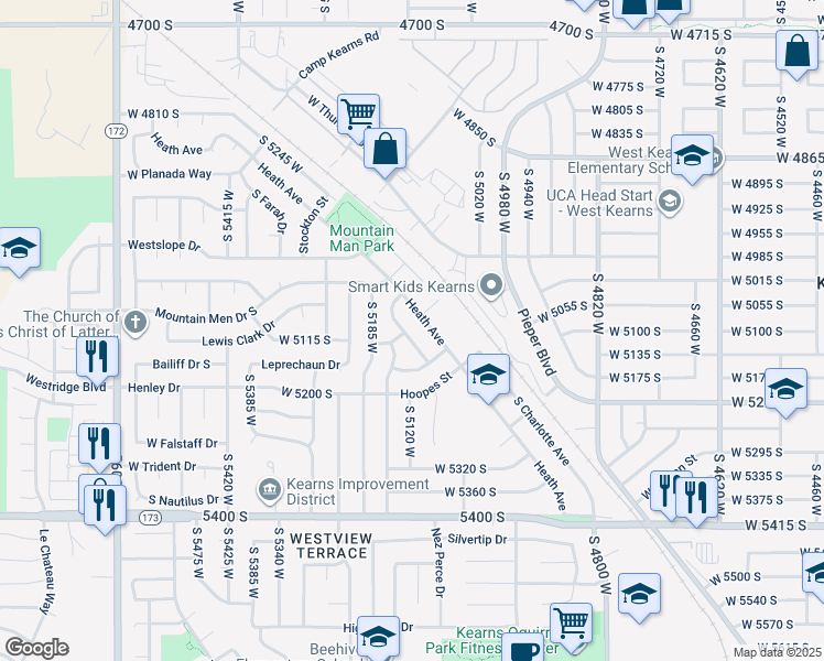 map of restaurants, bars, coffee shops, grocery stores, and more near 5101 South Westwind Way in Kearns