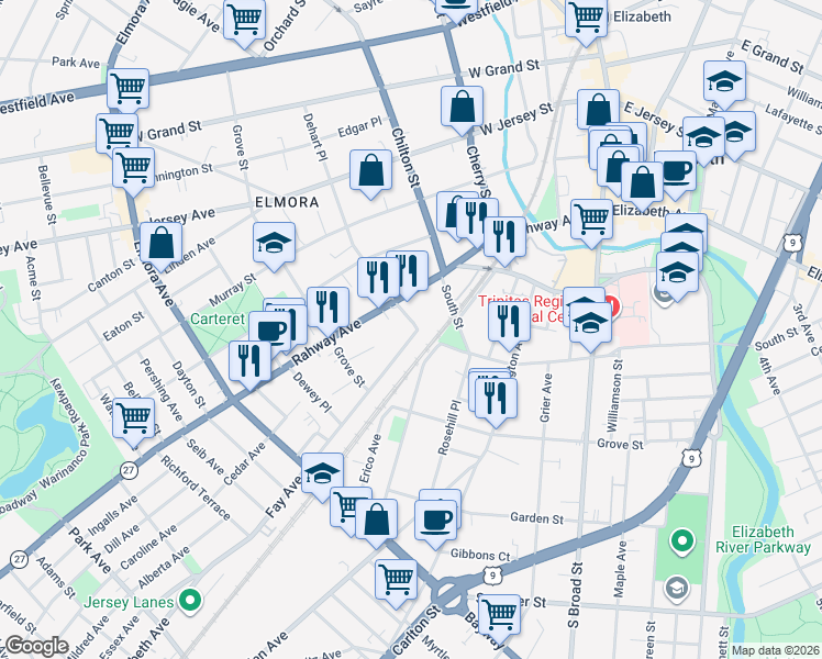 map of restaurants, bars, coffee shops, grocery stores, and more near 300 Rahway Avenue in Elizabeth