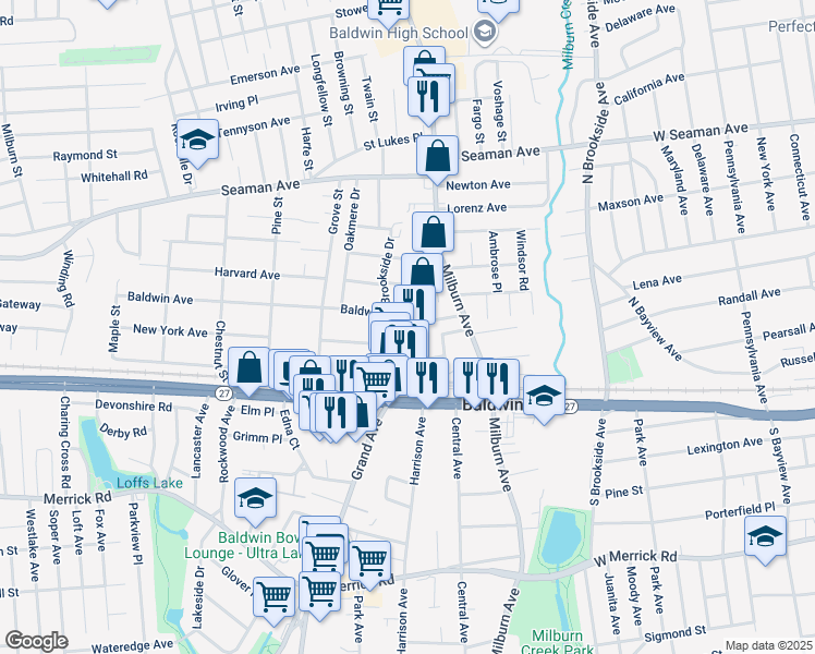 map of restaurants, bars, coffee shops, grocery stores, and more near 2091 Grand Avenue in Baldwin
