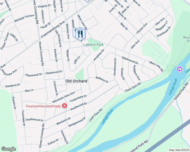 map of restaurants, bars, coffee shops, grocery stores, and more near 3561 Baldwin Drive in Easton