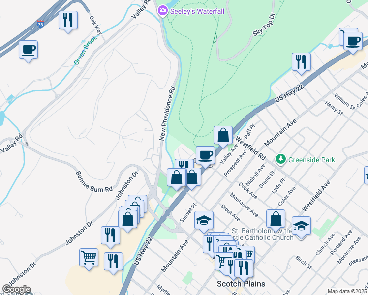 map of restaurants, bars, coffee shops, grocery stores, and more near 607 Donato Circle in Scotch Plains