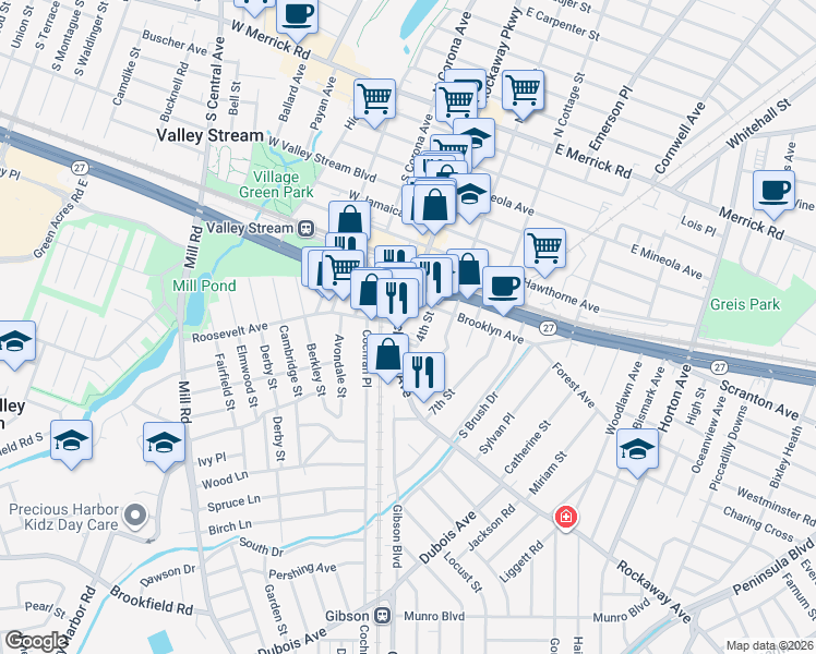 map of restaurants, bars, coffee shops, grocery stores, and more near 396 Rockaway Avenue in Valley Stream