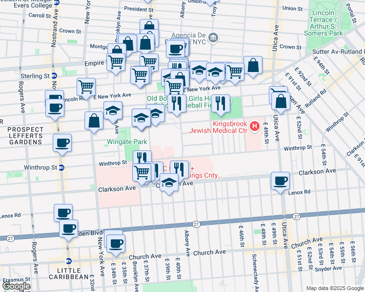 map of restaurants, bars, coffee shops, grocery stores, and more near Albany Ave & Hawthorne St in Brooklyn