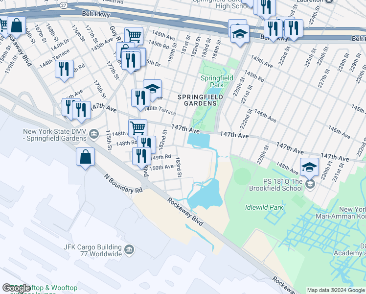 map of restaurants, bars, coffee shops, grocery stores, and more near 149th Avenue in Queens